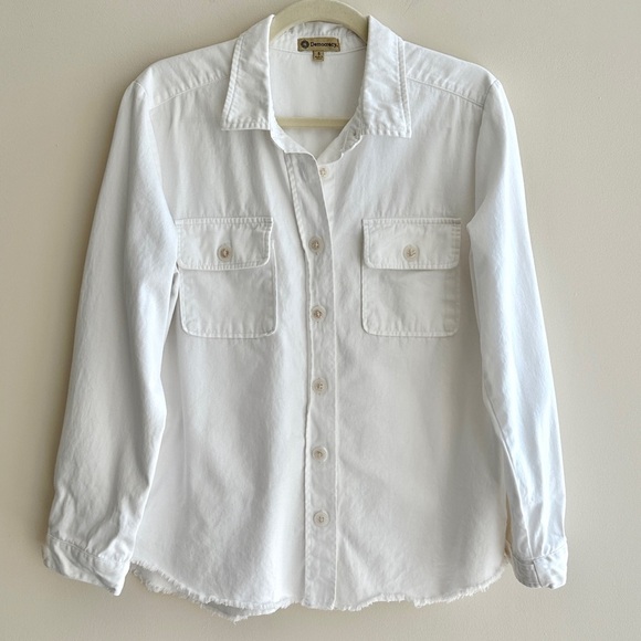 Democracy White Denim Button Down Shirt Jacket w/ Raw Hem & Pockets, Size Small - Picture 1 of 16